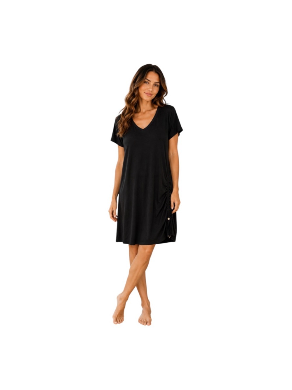 SHEBIRD Black Ruched Side T-Shirt Dress Built-In Shelf Bra Size M/L